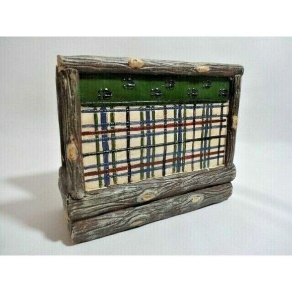 Moose Tracks Napkin Holder Plaid and Logs Design Tan Brown Green Stoneware Gift - Picture 4 of 6